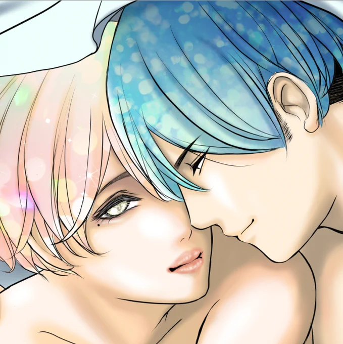 春庭本の表紙塗ってます さっきセンシティブにされちゃったけどこれでどうだーwww  #創作BL #色クレ