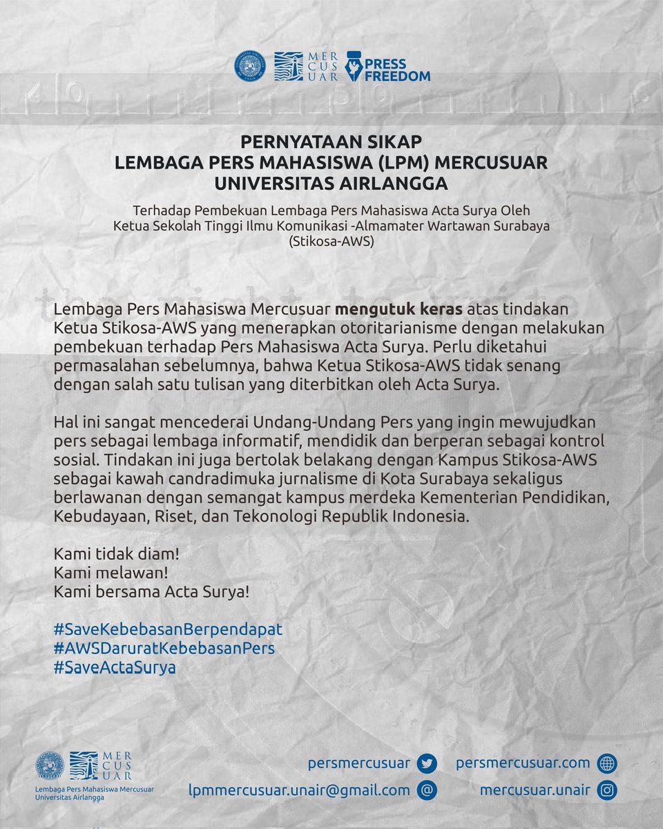 persmercusuar's tweet photo. Kami tidak diam!
Kami melawan!
Kami bersama Acta Surya!
#savekebebasanberpendapat
#awsdaruratkebebasan
#saveactasurya
#PersMahasiswa
#LPMMercusuar2023
#SuaraMahasiswa https://t.co/IXyg2oCWIi