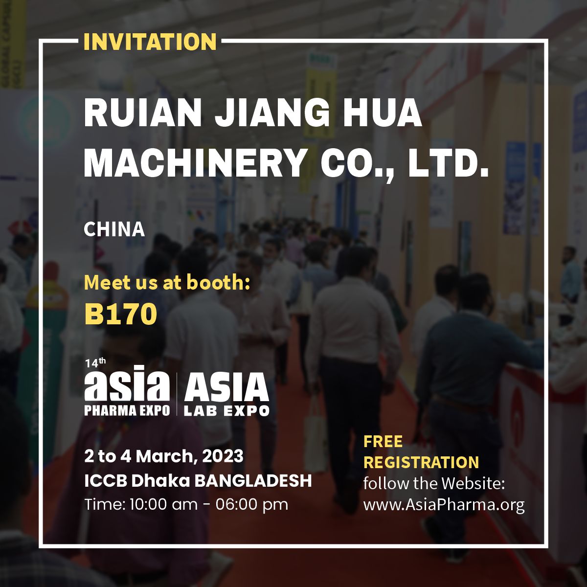 p_asiapharma's tweet photo. Meet us @ Ruian Jiang Hua Machinery
14th ASIA PHARMA EXPO 2023
ASIA LAB EXPO 2023
Dhaka BANGLADESH
March 2 to 4, 2023
Register to get your free pass!
https://t.co/jU9FPHdRzU
#AsiaPharmaExpo2023 #AsiaPharmaExpo #AsiaPharma #AsiaLabExpo #PharmaExpo2023 #Pharma https://t.co/KaRz8GX7Hu