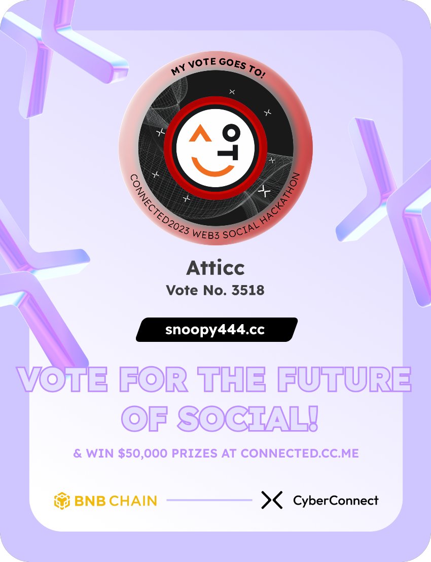 DSuzev's tweet photo. Just voted for my favorite project Atticc in #Connected2023, a Web3 Social hackathon by @CyberConnectHQ the social graph protocol &amp; @BNBCHAIN
Join me to vote for a better social and win $50,000-$100,000 prizes!
https://t.co/cNpWiWlilw
sig:8lhQPd 
  https://t.co/UnRagbz5LS https://t.co/5YV7XqPqI6