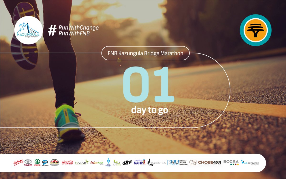 FNB_Botswana's tweet photo. 1 last day before we see you all at the FNB Kazungula Bridge Marathon 2023!
Remember to rest & remain well hydrated before tomorrow.
Runners can still collect their race packs until Friday 24 Feb from 8am–7pm at Halfway Toyota, Chobe.
#RunWithChange
#RunWithFNB
#FNBKBM2023 https://t.co/8grcpSZg3H
