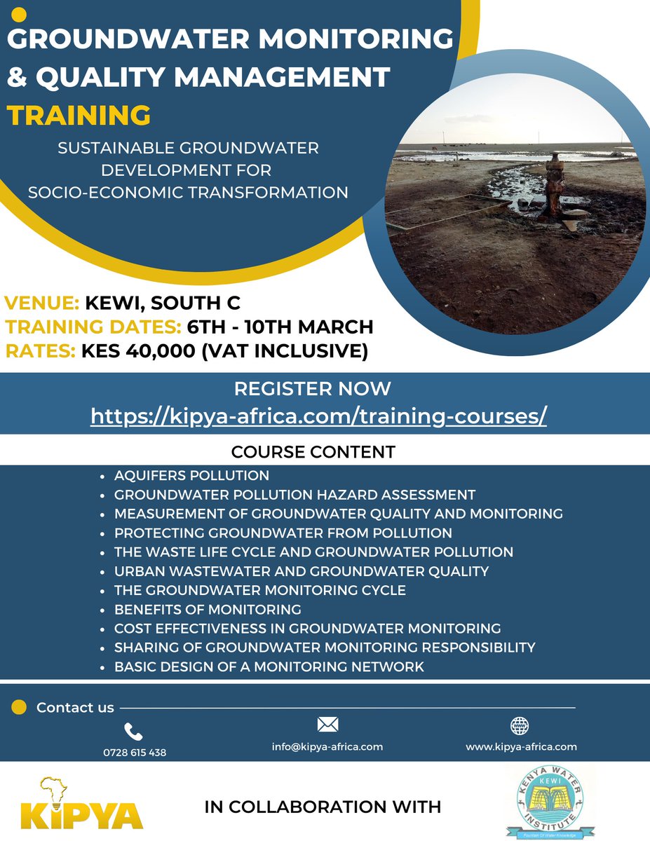 Sign up for the upcoming Groundwater Monitoring &amp; Quality Management Training and learn the best practices, gain the skills to ensure safe and reliable water for all. Register now at kipya-africa.com/training-cours… and become a leader in water stewardship! #WaterQuality <a href="/institute_water/">@kenya water institute</a>