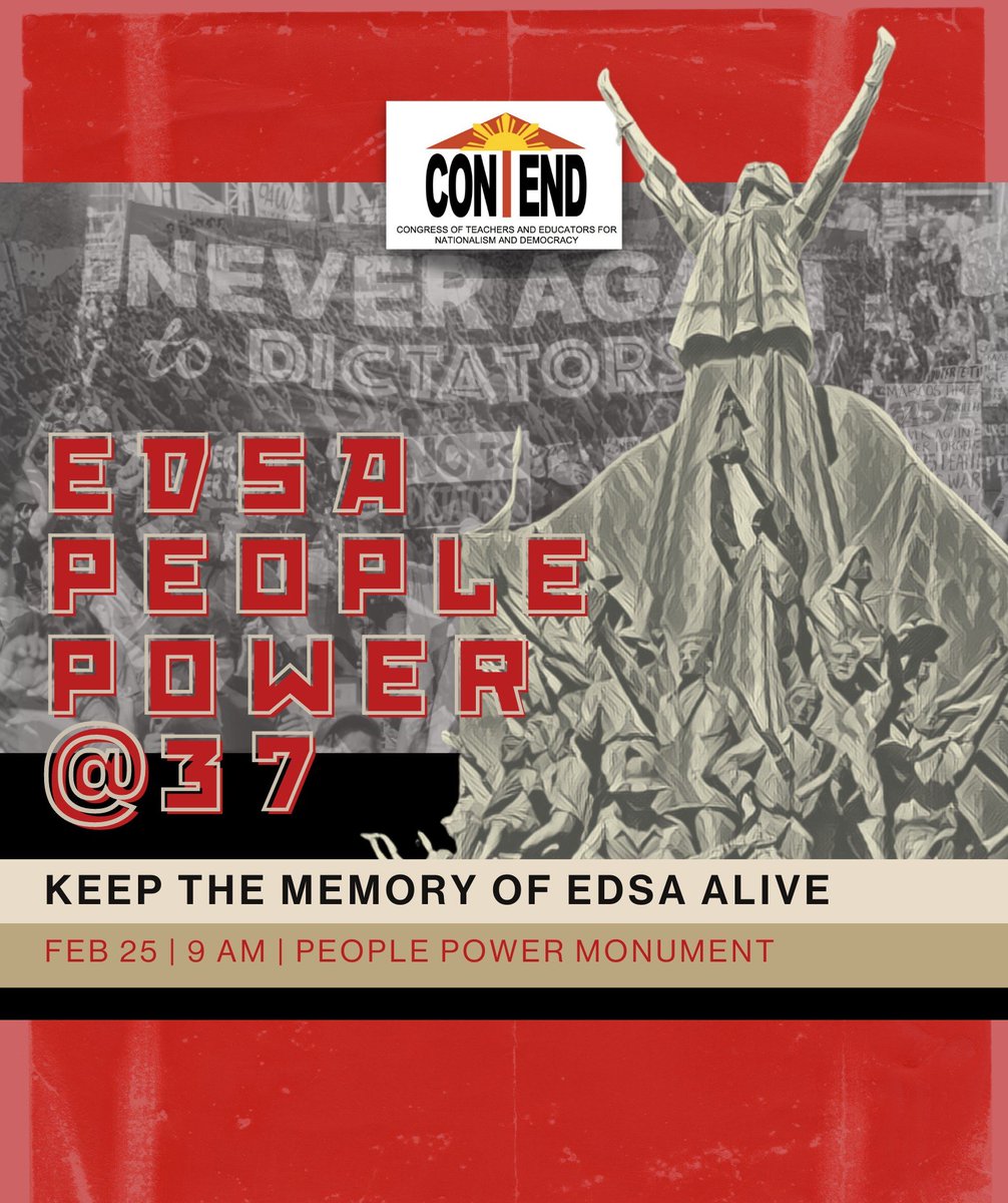 KEEP THE MEMORY OF EDSA ALIVE!

Feb. 25, 1986, marks the culmination of the historic uprising that ousted the dictator Marcos.

EDSA @ 37 Commemoration, Feb. 25, 2023 (Sat.)

8:45 am - Assembly @ People Power Monument

Wear black or white!

#NeverAgain
#NeverForget