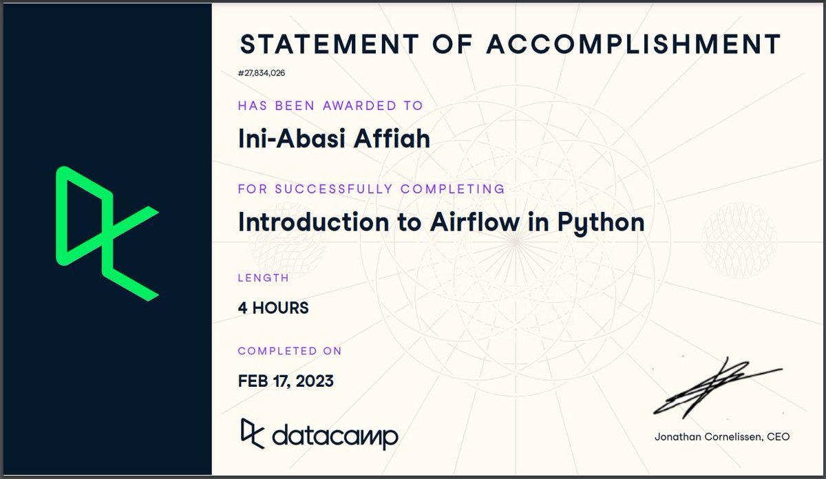 affiah_ini's tweet image. Just completed a course on the introduction to Apache Airflow for data engineering pipelines! Learned to automate workflows, use DAGs, troubleshoot and maintain workflows, and build production pipelines. Bye-bye manual data delivery headaches!
#ApacheAirflow #dataengineering