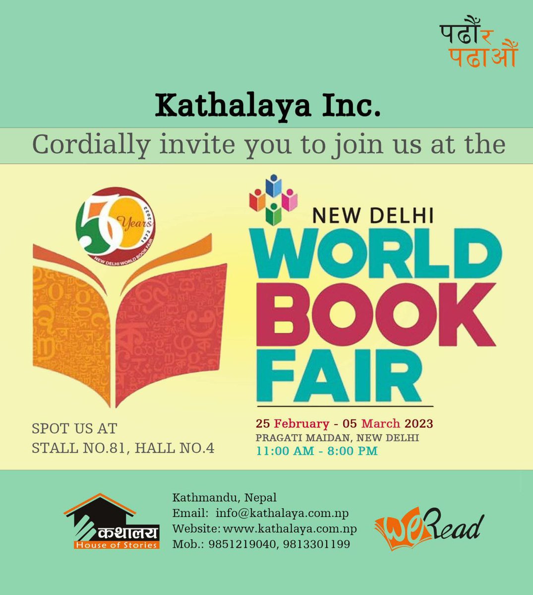 Kathalaya Inc. cordially invite you all to join us at the New Delhi World Book Fair- 2023.
#kathalayanepal #kathalayainc #padhaurapadhaau #newdelhibookfair #bookfair2023