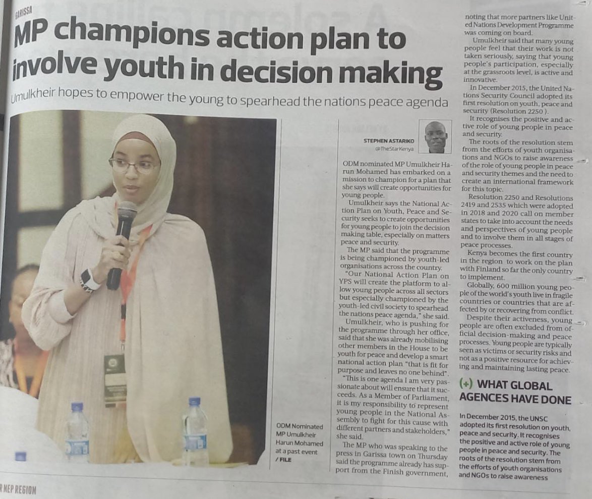 christineodera's tweet photo. Thank you Hon. @missyHaroona for your leadership and ensuring the #YPSagenda in Kenya is prioritized. We are right  besides you, until youth are key stakeholders in decision making. #youth4peace @YPSinKenya @OttoKivinen  @rochieng #nothingforyouthwithoutyouth @SajiSFCG https://t.co/dvNw0lcAYB