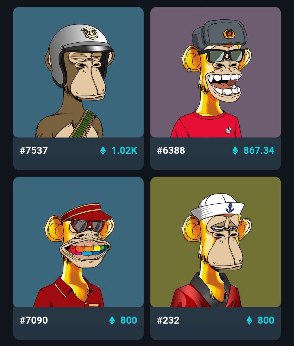 NFT Collection:

Name: Bored Ape Yacht Club
Items: 10K
Owners: 6130
Floor Price: 81.8 ETH
Volume: 1.31M
Platform: Ethereum

#NFT #NFTCollection  #NFTGaming #NFTMarketplace  #none_fungible_token  #Ethereum #ETH