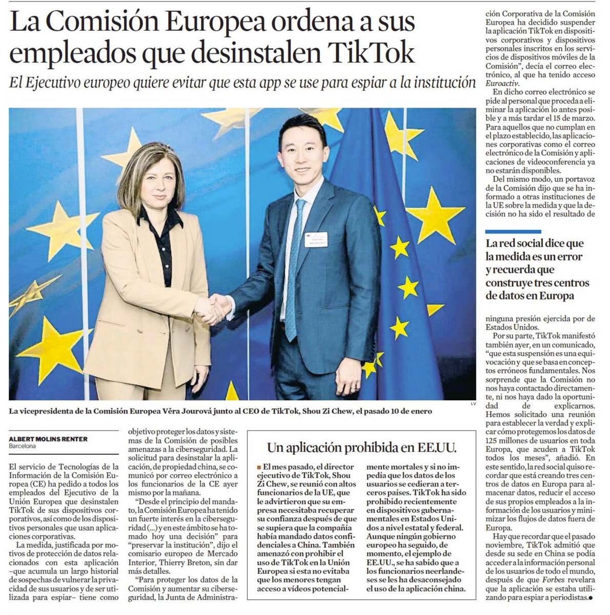 OscarSanchez's tweet photo. La comisión europea 🇪🇺 ordena a los empleados/as qeu desinstalen @TikTok_ES en sus dispositivos electrónicos ante la preocupación por la cesión de datos de los usuarios.
Sigue los pasos de lo que ya pasó en EEUU 🇺🇸 https://t.co/oj8Vke3hDD