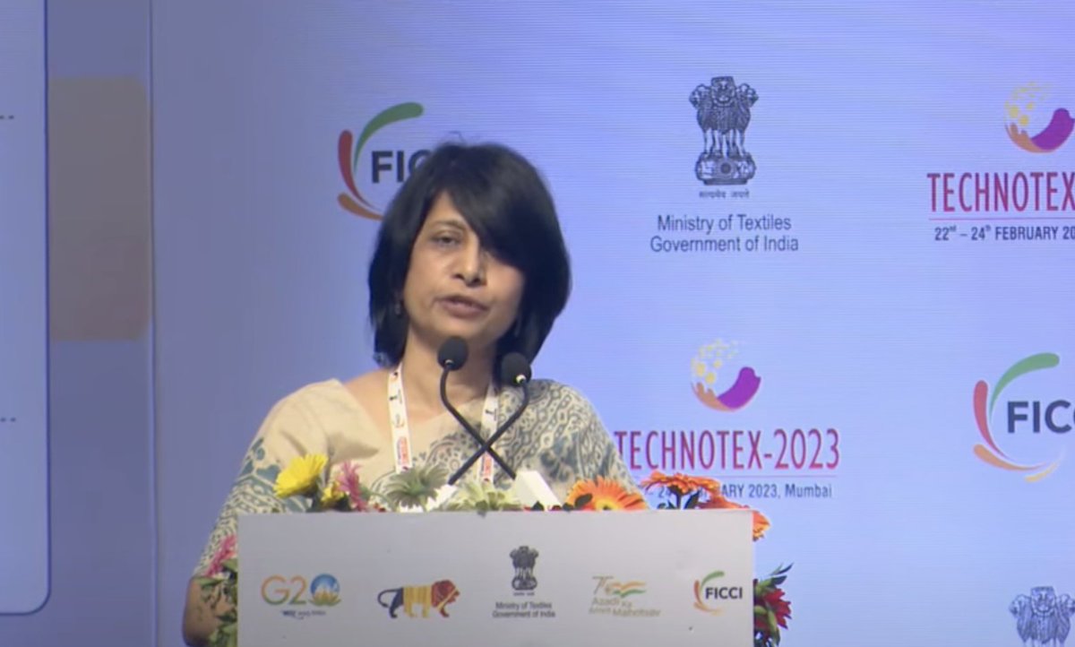 ficci_india's tweet photo. Ms Rachana Shah, Secretary, @TexMinIndia, GoI while addressing the keynote session during #Technotex2023 stated that the event is focused on our vision and ambition to make India the hub of Technical Textiles. https://t.co/C9q8AXsk7f
