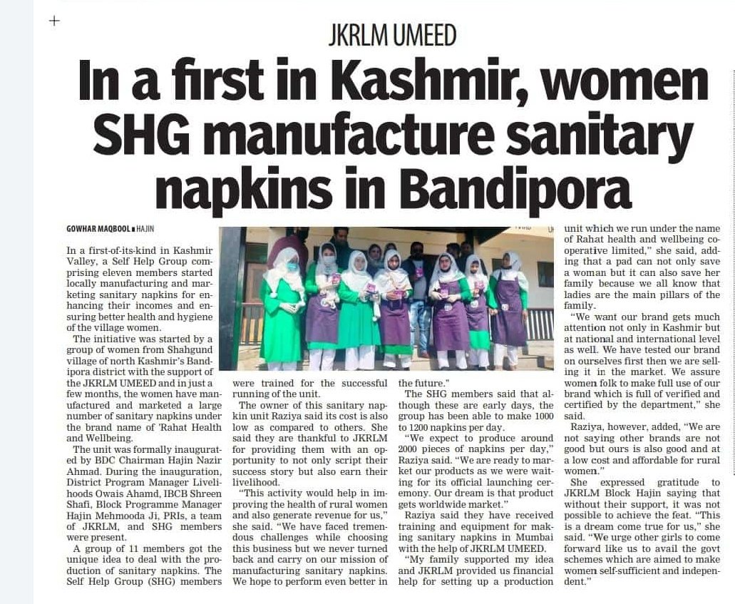 JK_NRLM's tweet photo. In a first of its kind in Bandipora Women SHG Of Umeed JKRLM from Block Hajin manufacture ecofriendly reusable &amp; affordable Sanitary Pads thus enhancing their incomes, ensuring better health and hygiene for women in the District.@OfficeOfLGJandK @indukanwal @mandeep082 @diprjk https://t.co/EQ1ERGqGCM
