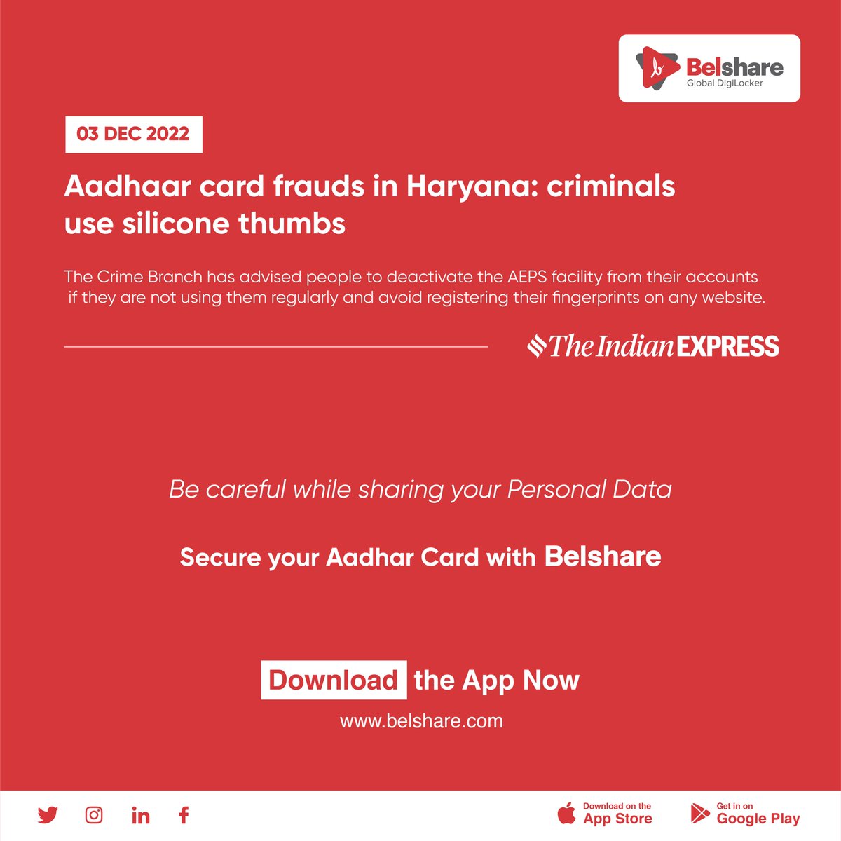 Belshare_Global's tweet photo. Photocopies of Aadhaar cards have been used to create Fake Bank accounts across platforms where Aadhaar Enabled Payment Systems (AEPS) are in place.

Don't Share your Aadhaar Photocopies with anyone!

Share your Aadhaar safely with the Belshare App!
Befikar raho, Belshare Karo! https://t.co/i5Wm7RLtFY