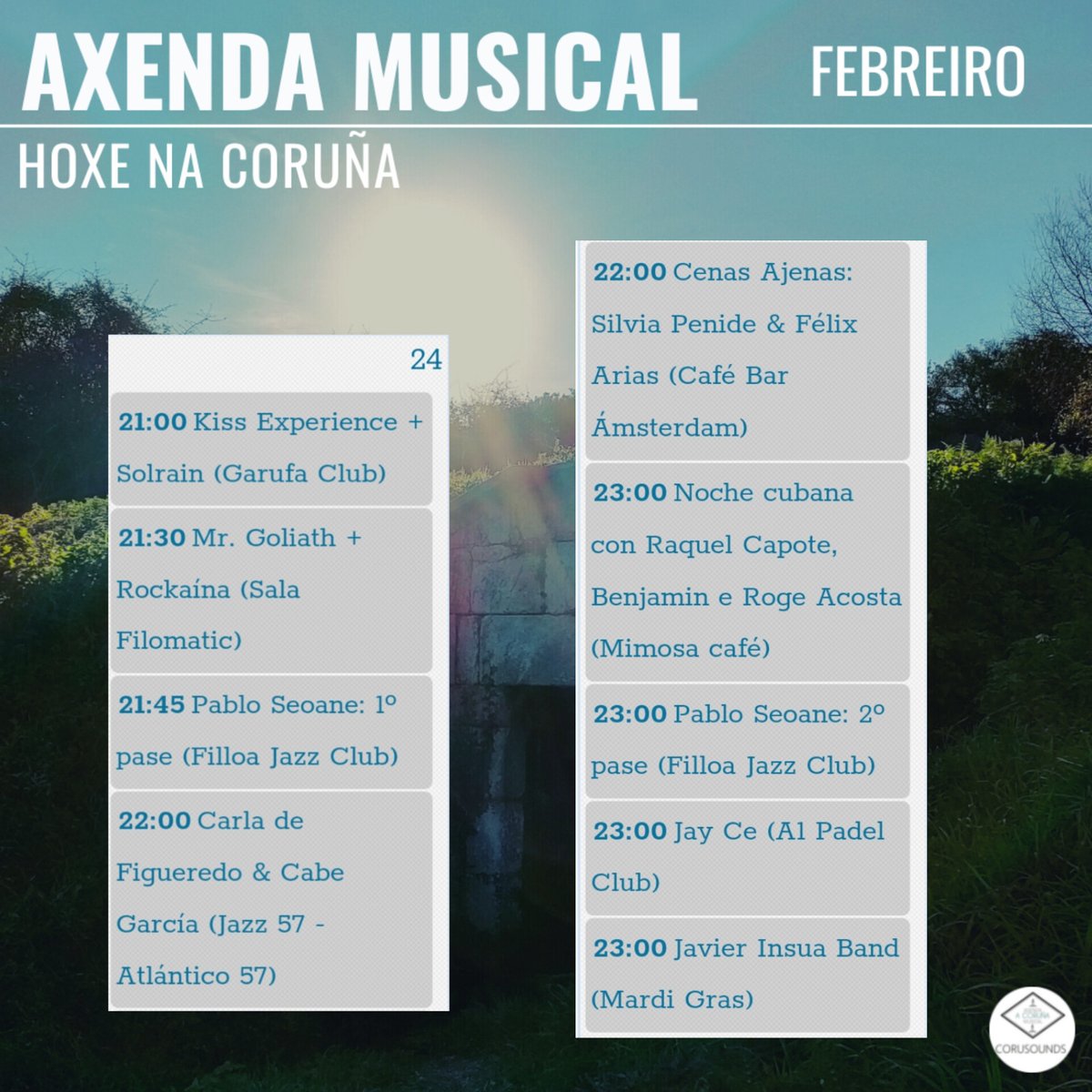 Hoxe na Coruña... 
.
.
.
Podes ver todos os concertos programados este ano en: corusounds.emiweb.es/agenda
#ACoruña #Coruña #AxendaMusical #AgendaMusical #Musica #Concertos #Concertos #Cultura #culturaparatodos #CulturaSegura