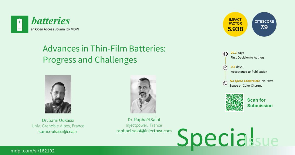 Mia80448693's tweet photo. ✨#SpecialIssue @batteriesmdpi 

📕 Advances in #ThinFilm #Batteries: Progress and Challenges

👨‍🎓 Guest Editors: Dr. Sami Oukassi and Dr. Raphael Salot 

💻more information: 
https://t.co/II9aqTl2gw

💖Looking forward to your #contributions! https://t.co/rzCY8kWGoa