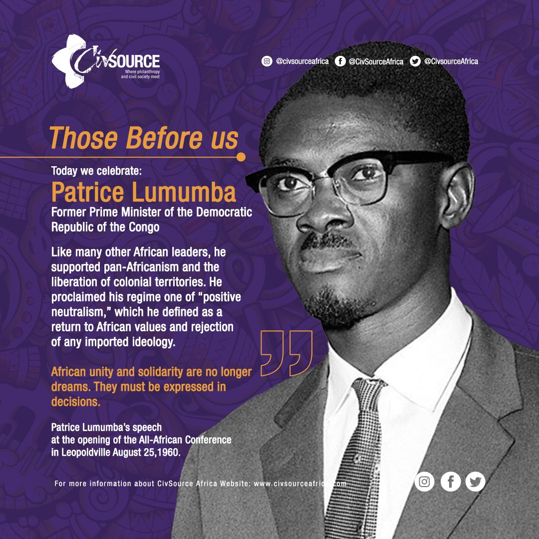 CivsourceAfrica's tweet photo. Those Before Us!👊🏾🫶🏾

“A minimum of comfort is necessary for the practice of virtue”. - Patrice Lumumba
We celebrate the legacy of one of Africa’s founding heroes and remember the words he left us with in his quest to see the liberation and development of Africa.
#thosebeforeus https://t.co/OWBplHMUFY