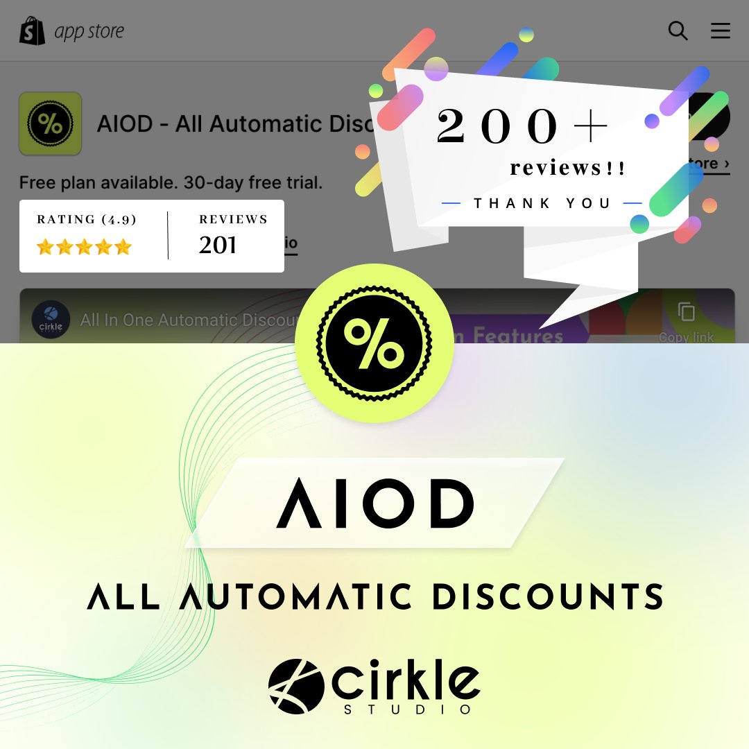 cirklestudio's tweet photo. 🎉Celebrating 200 reviews for our #Shopify app AIOD - All Automatic Discounts!🎉

Say hello to automated discounts &amp; sales growth🚀

Thank you, everyone! 

Waiting for @shopify @ShopifySupport @ShopifyDevs for feature our app on Shopify app store 🤩

#AIOD #AutomaticDiscounts https://t.co/S8LmnVhelb
