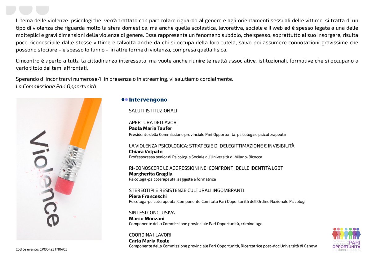4 marzo a Trento al seminario "TRACCIARE I CONFINI DEL RISPETTO. LE VIOLENZE PSICOLOGICHE DI GENERE" organizzato dal Consiglio della Provincia autonoma di Trento