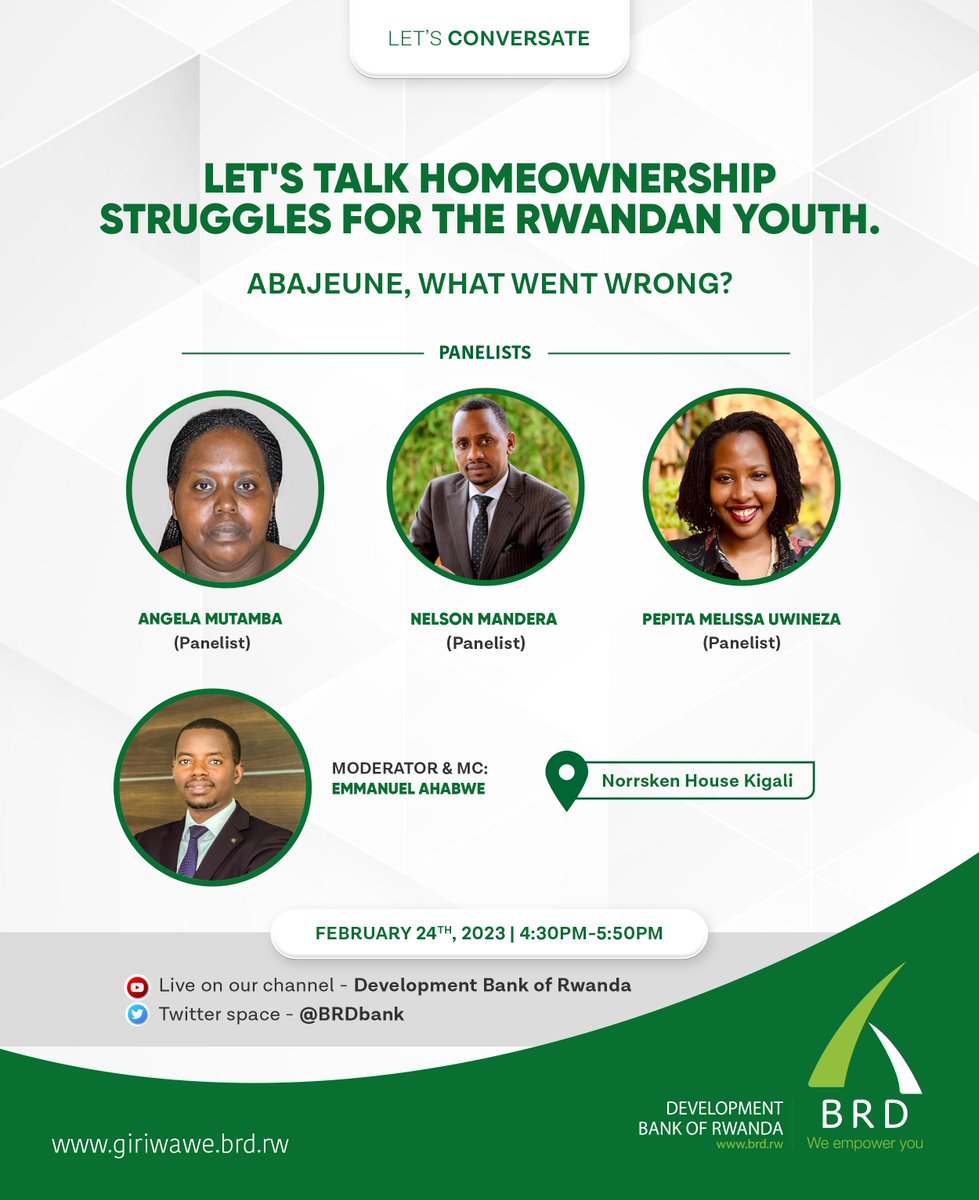 The day is finally here!! Get ready for an exciting panel
discussion on the challenges and solutions for youth
homeownership in Rwanda.  You can also follow it live on our YouTube channel and Twitter Spaces.

Do not miss out! 

#GiraIwawe #LetsConversate