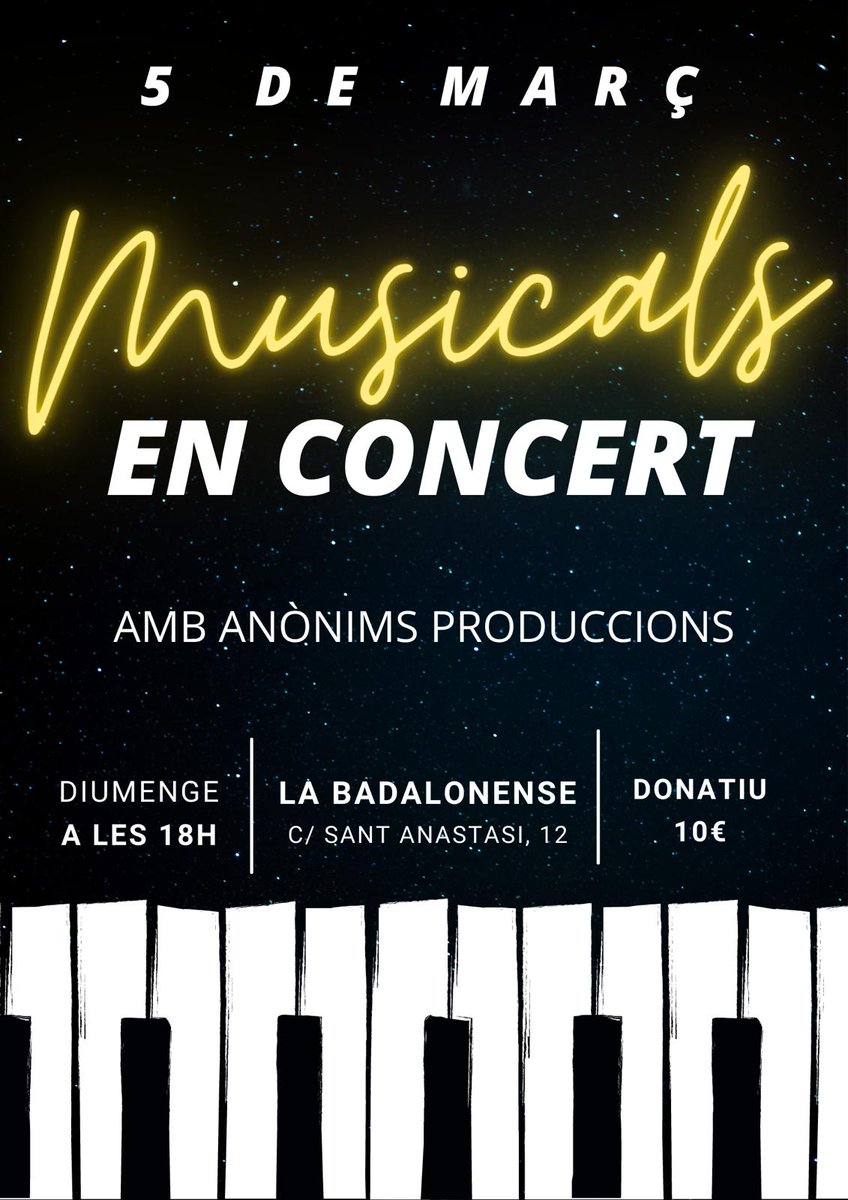 La Badalonense (@labadalonensesc) on Twitter photo Gran concert de musicals al Teatre de la Badalonense amb <a href="/anonimsprod/">anonimsproduccions</a>
No te'l perdis!
Diumenge 5 de març a les 18:00. Gran concert de musicals al Teatre de la Badalonense amb <a href="/anonimsprod/">anonimsproduccions</a>
No te'l perdis!
Diumenge 5 de març a les 18:00.