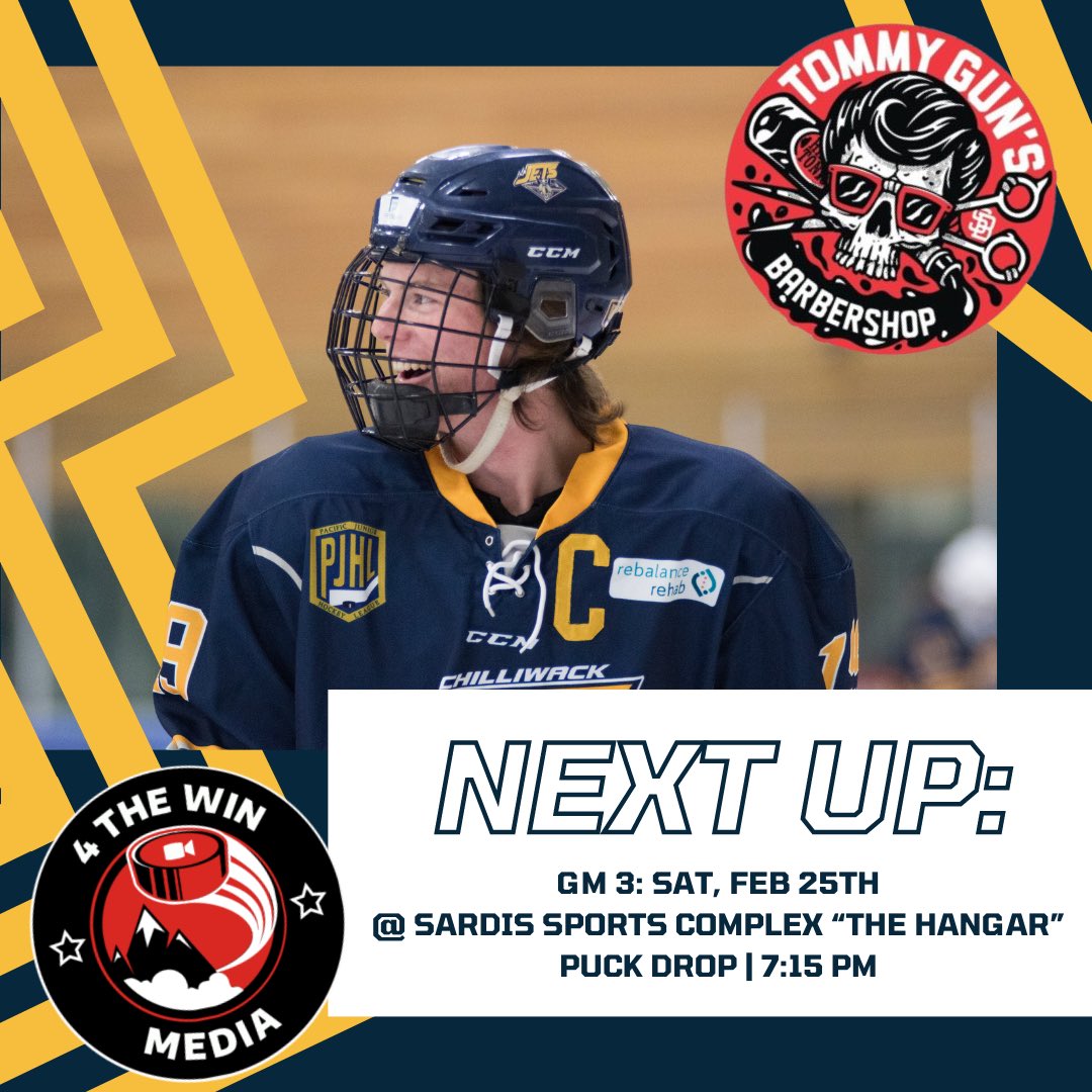 ChilliwackJets's tweet photo. OVER AND OVER AGAIN π©οΈπ€π»
π¨ Nikita, Babyak
π Storebo, Metastasio
Shots 43 CHWK to 54 LAN
Game#3 is Saturday back in Chilliwack as we now lead the series (2-0)! LETS PACK THE HANGARβΌοΈ
#jetswin #jetstrike #jetshockey #letsgochilliwack #letsgojets #thepjhl #pjhlplayoffs https://t.co/SqpGopFdG1