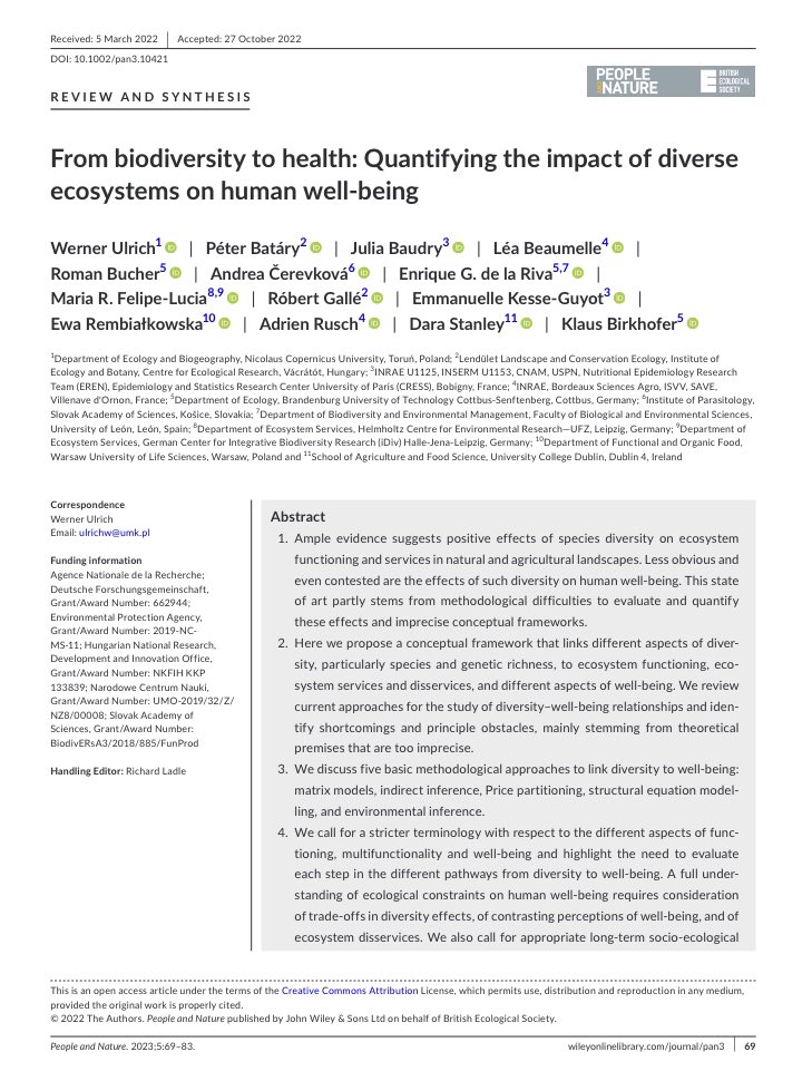 Im #PaperOfTheMonth für Februar, präsentiert von @Baltruks, geht es um verschiedene Methoden, mit denen man Zusammenhänge zwischen #Biodiversität und menschlicher Gesundheit messen kann. Sie sollen eine robuste Grundlage für politische Entscheidungen liefern. Ein Thread 🧵(1/10)