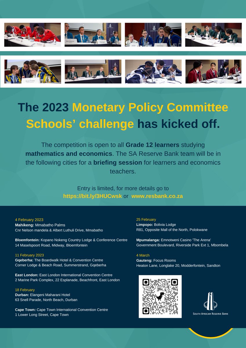 SAReserveBank's tweet photo. The South African Reserve Bank’s (SARB) 2023 Monetary Policy Committee (MPC) Schools Challenge is ON.

Do you want to be Governor for a day? The SARB invites all Grade 12 Economics &amp; Mathematics learners to enter the 2023 MPC Schools Challenge.

For more: https://t.co/QfeR90LbkL https://t.co/0p77Ls0Vpe