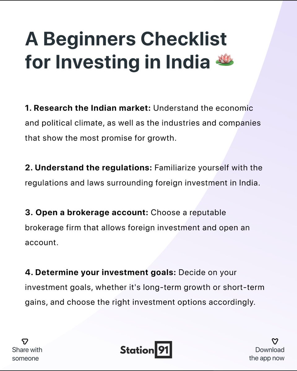 Station91in's tweet photo. Are you a beginner in investing and feel uncertain about where to begin 🤔

Well, then here is a beginners checklist to start with before you put your real money at risk. 💡

See you inside the Station91 app. 💸

#investing #sharemarket #stocks #money https://t.co/fQ0ixK80M4