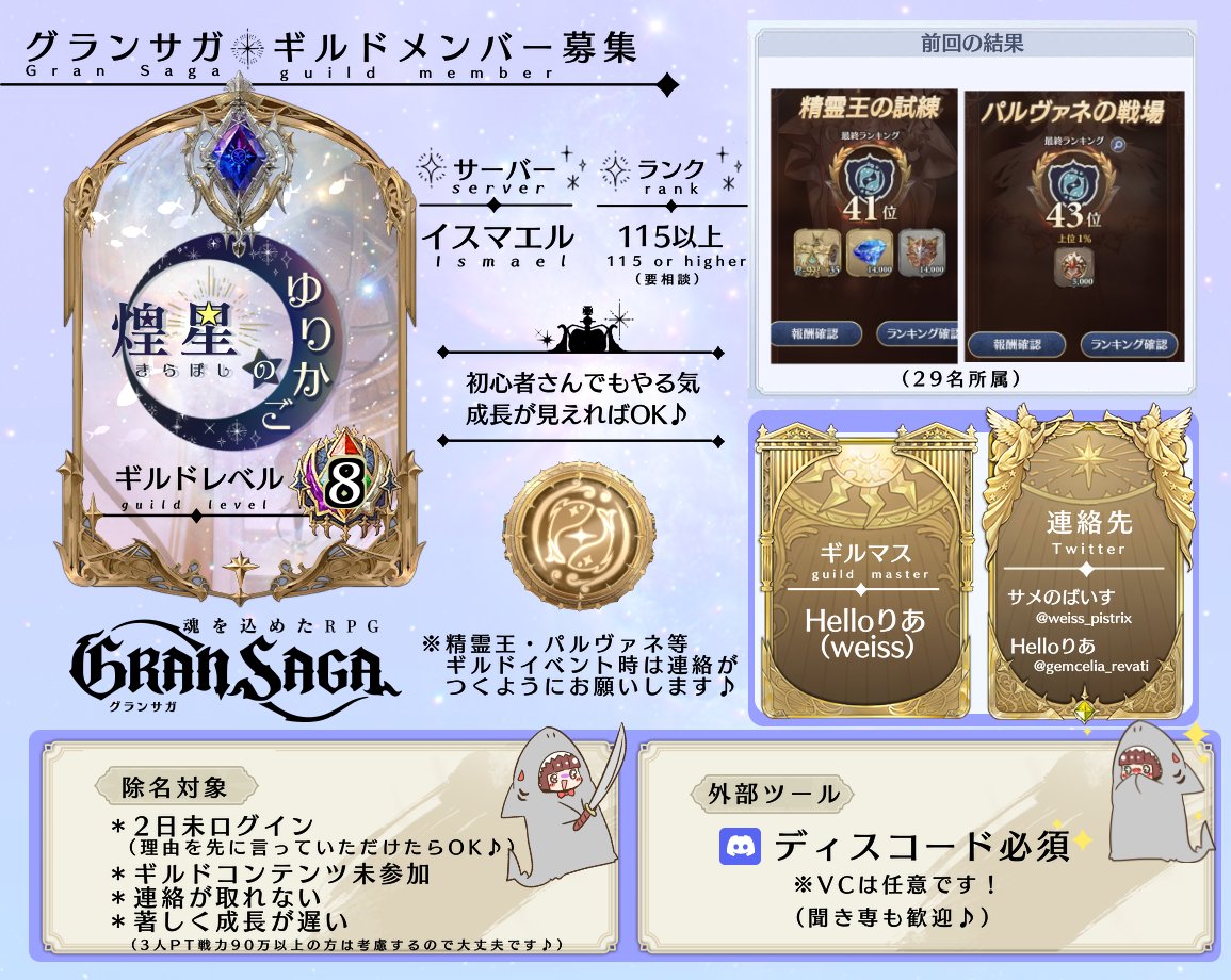 gemcelia_revati's tweet photo. 【ギルドメンバー募集】
ギルド：煌星のゆりかご
サーバー：イスマエル

度々の募集を失礼します( *´艸｀)
パルヴァネ後（休止なってるけど💦）若干名募集しております♬

ランクは目安です♬
興味がありましたらDMください♪
何卒宜しくお願い致します(*ﾉωﾉ)

#グランサガ 
#グランサガギルド募集 https://t.co/OqIEYIsp9A