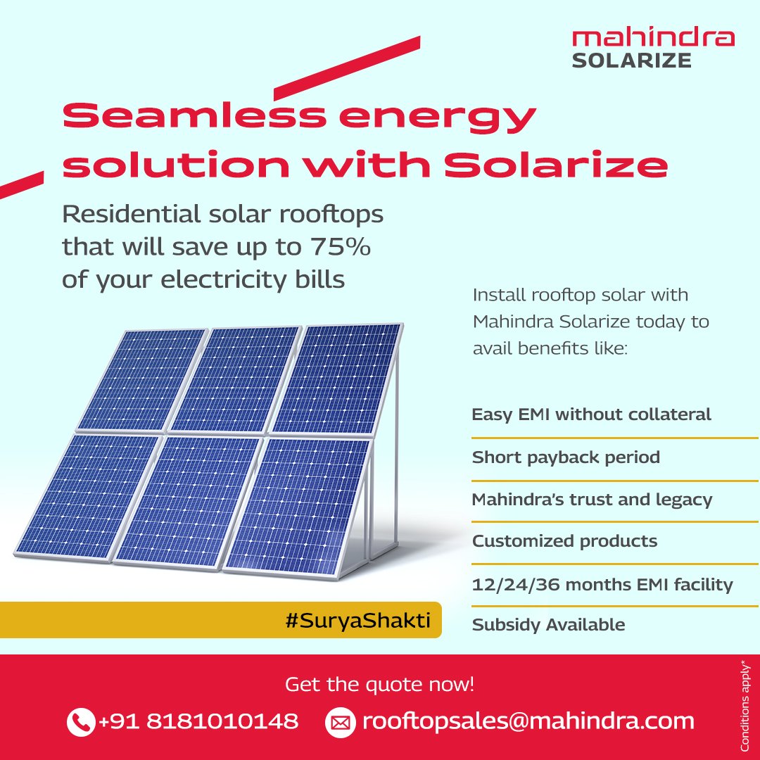 MSolarize's tweet photo. Harp on the fantastic benefits of residential solar rooftop and save up to 75% of your electricity bills.
Install now!
Call: +91-8181010148
#SuryaShakti #ResidentialRooftops #WeAreMahindraSolarize #SolarizeToRise #Mahindra #MahindraSolarize #BetterTomorrow #SolarIndustry https://t.co/dT2SQ8eQTq