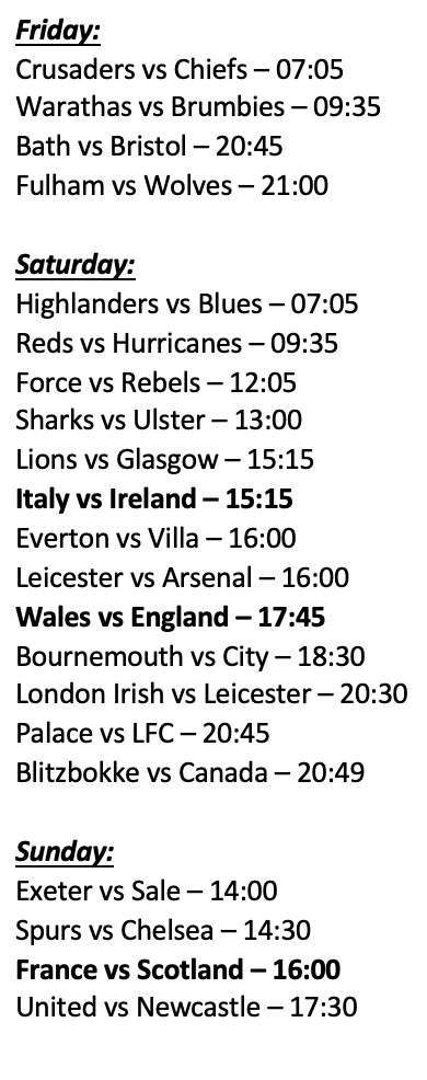 NBarns's tweet photo. The weekend line-up is here 👏

@SuperRugby starts this morning &amp; @SixNationsRugby is back with the ongoing Wales saga 🏉

@Carabao_Cup Final with United vs Newcastle ⚽️

🚨Reminder SA times +1 hour

#WelcomeToYourWeekend
#SuperSport
#SHAvULS
#LIOvGLA
@SuperSportTV https://t.co/QgGMlog69H