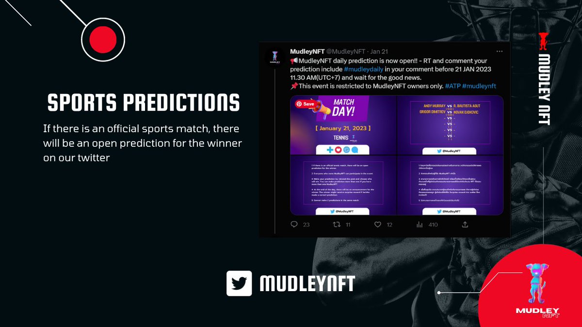 MudleyNFT's tweet photo. 🎁Giveaway 5 MudleyNFT New collection!!

 ☑️- Follow @MudleyNFT
 ☑️- Like + RT
 ☑️- Tag 3 friends + #mudleynft

On 25 Feb 2023 at 01:00 PM(UTC+7), there will be a LIVE announcement for the lucky person who receives NFT on▶️Mudley Channel.
#NFTGiveaways #MLB  #OpenSeaNFT https://t.co/Pfgseczk0U