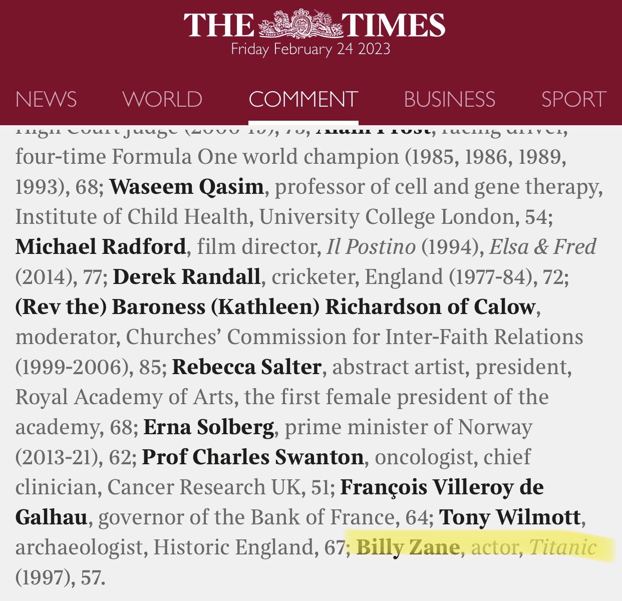 The Times chose to wish Billy Zane a happy birthday by murdering his CV. Brutal. 