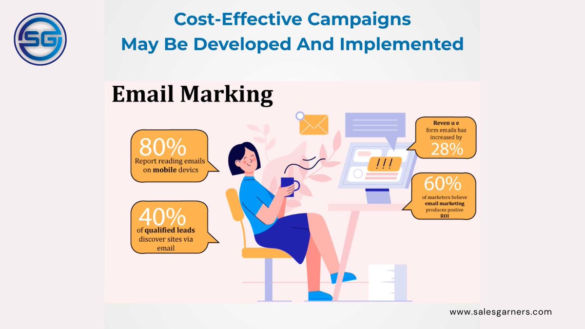 Benefits of Email Marketing for small businesses.

Get in touch with Us to know more:
- info@salesgarners.com
- salesgarners.com

#SalesGarners

#Marketing #emailmarketing #marketingstrategy #MarketingDigital #emails #businessgrowth #GrowthHacking #BusinessIntelligence