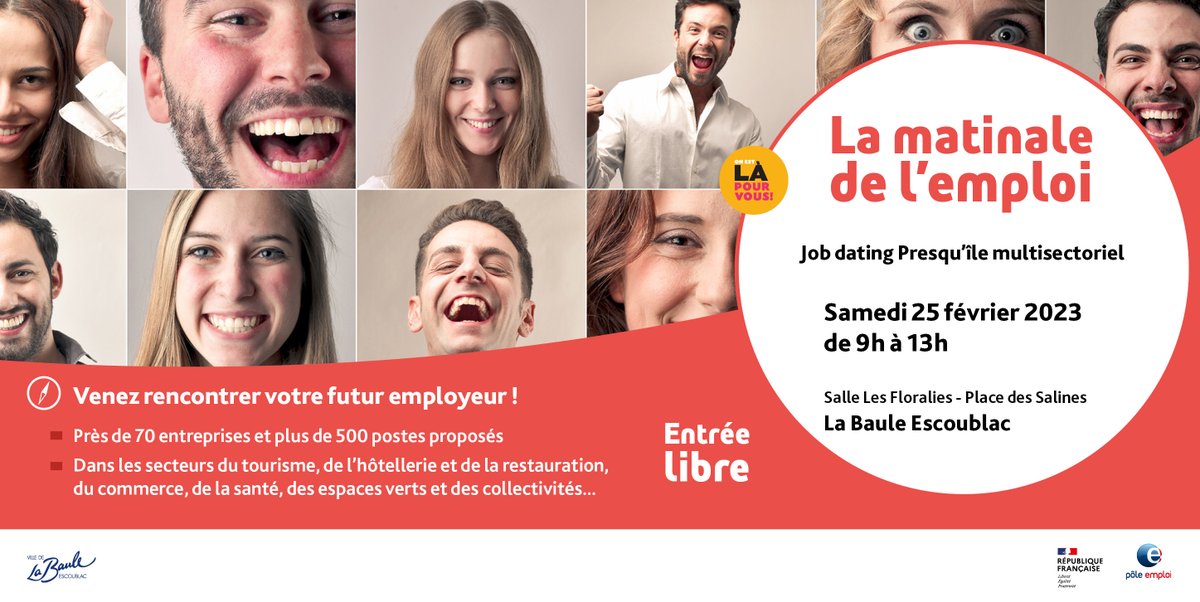📢J-1 avant la matinale de l'#emploi à La Baule-Escoublac. 
🔎A travers cet événement qui rassemble prés de 70 #entreprises, @pole_emploi se mobilise pour les secteurs du #tourime, #hotellerie #restauration, #commerce, #santé, etc.