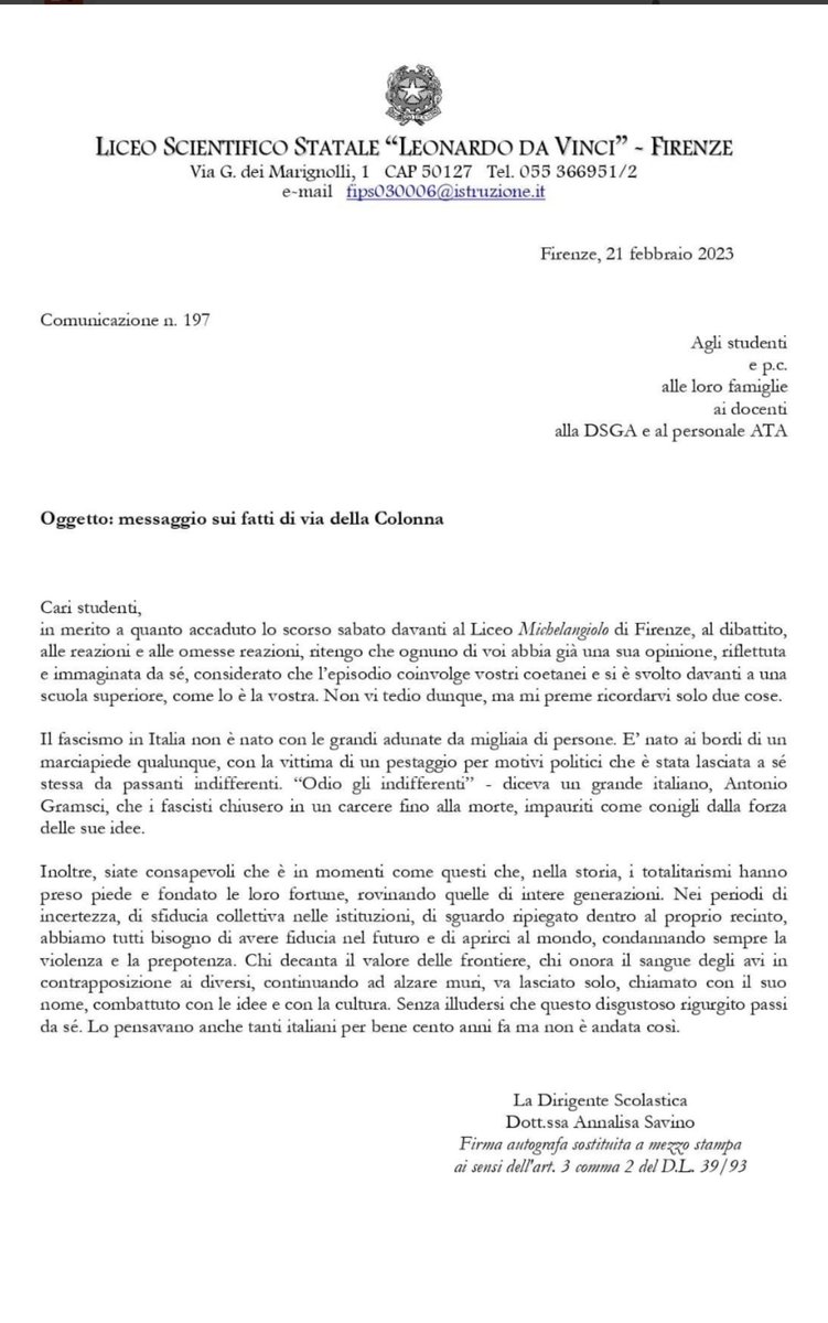 emmadaquino's tweet image. Di certo siamo liberi di pensare tutto e il contrario di tutto, ma queste righe dovrebbero essere monito contro gli ignavi e gli indifferenti di qualunque età. Educare alla legalità non ha colore politico. #letterapreside #Firenze