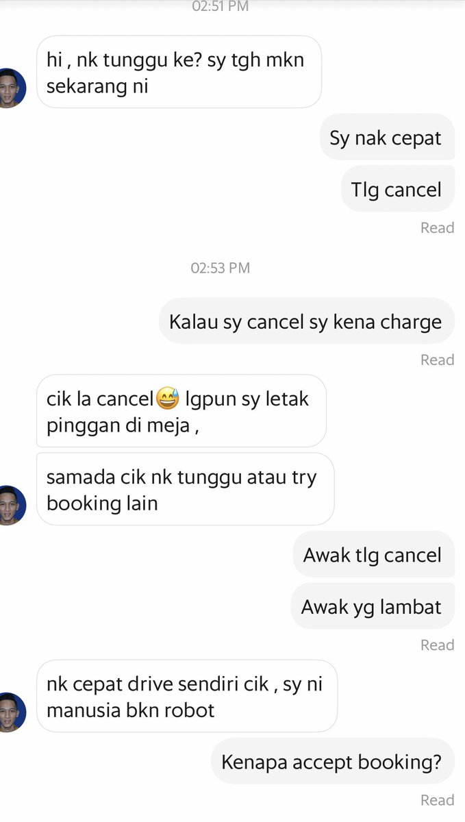 AminNurazmi's tweet photo. GrabDriver kurang ajar. 
Dah accept booking. Tapi tgh mkn. Suruh dia cancel, dia tak nak.  

Lepas tu loyar buruk. Complain kat @GrabMY. Tapi mcm biasa. Cakap akan ambil tindakan. Dan tak nak share hasil tindakan nnt. https://t.co/nQpCFXSmAh