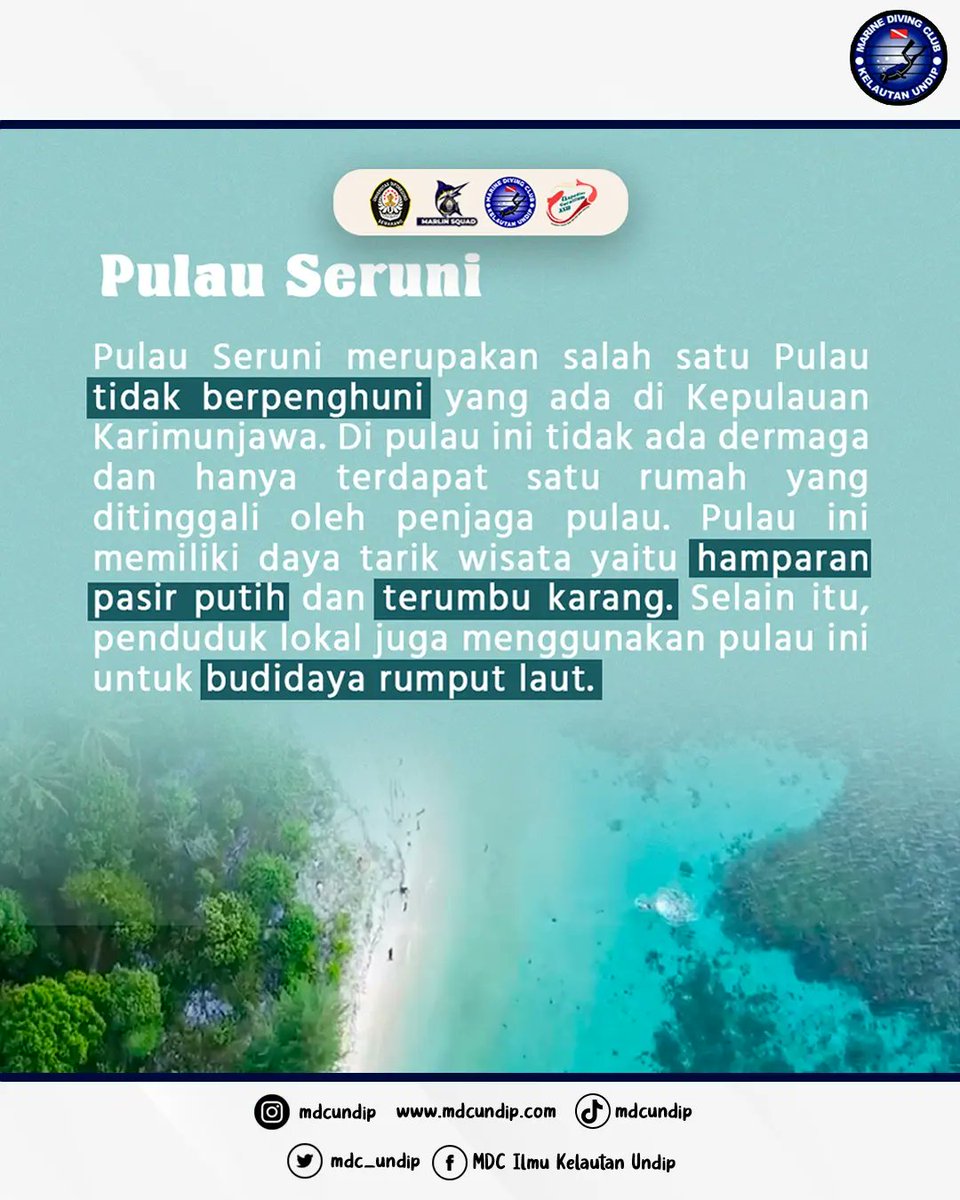 mdc_undip's tweet photo. [H-1 EKSPEDISI CORALLIUM XXIII 🪸❗]

Hai buddies! 🐟
Ekspedisi Corallium XXIII akan dimulai besok buddies! Simak informasi tentang Pulau Seruni lewat postingan kali ini ya!

Kreasikan Olahan Ikan, Dari Laut yang Rupawan 
Waspada Dira Anuraga

#MDCUndip #EkspedisiCoralliumXXIII https://t.co/UPq8QOzgVk