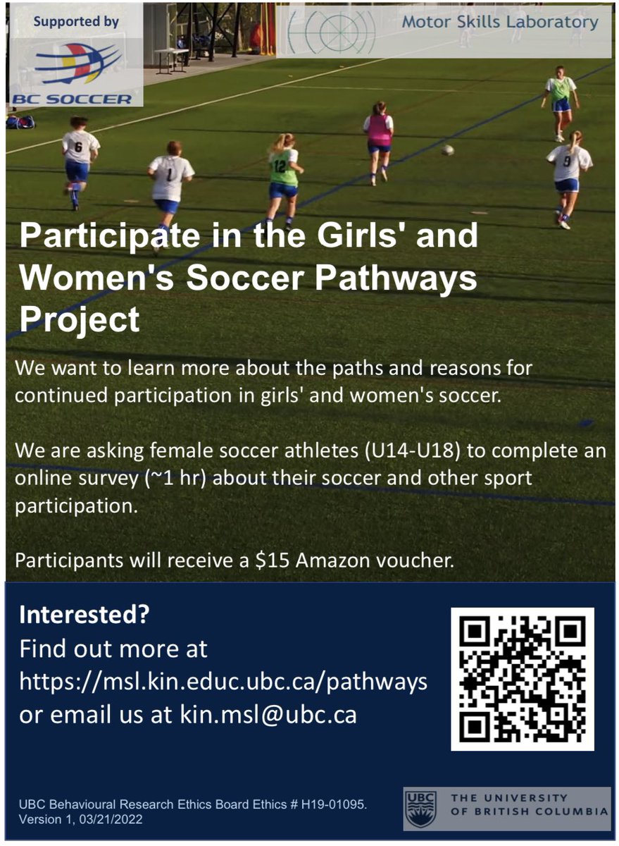 We are interested in understanding the needs &amp; motivators for our female players

Dr. Nicola Hodges <a href="/kin_msl_ubc/">Motor Skills Lab</a> at  <a href="/UBC/">University of British Columbia</a> has been asking the same questions &amp; is recruiting U14-U18 female soccer athletes to complete an online survey asking about sport experiences and motivations