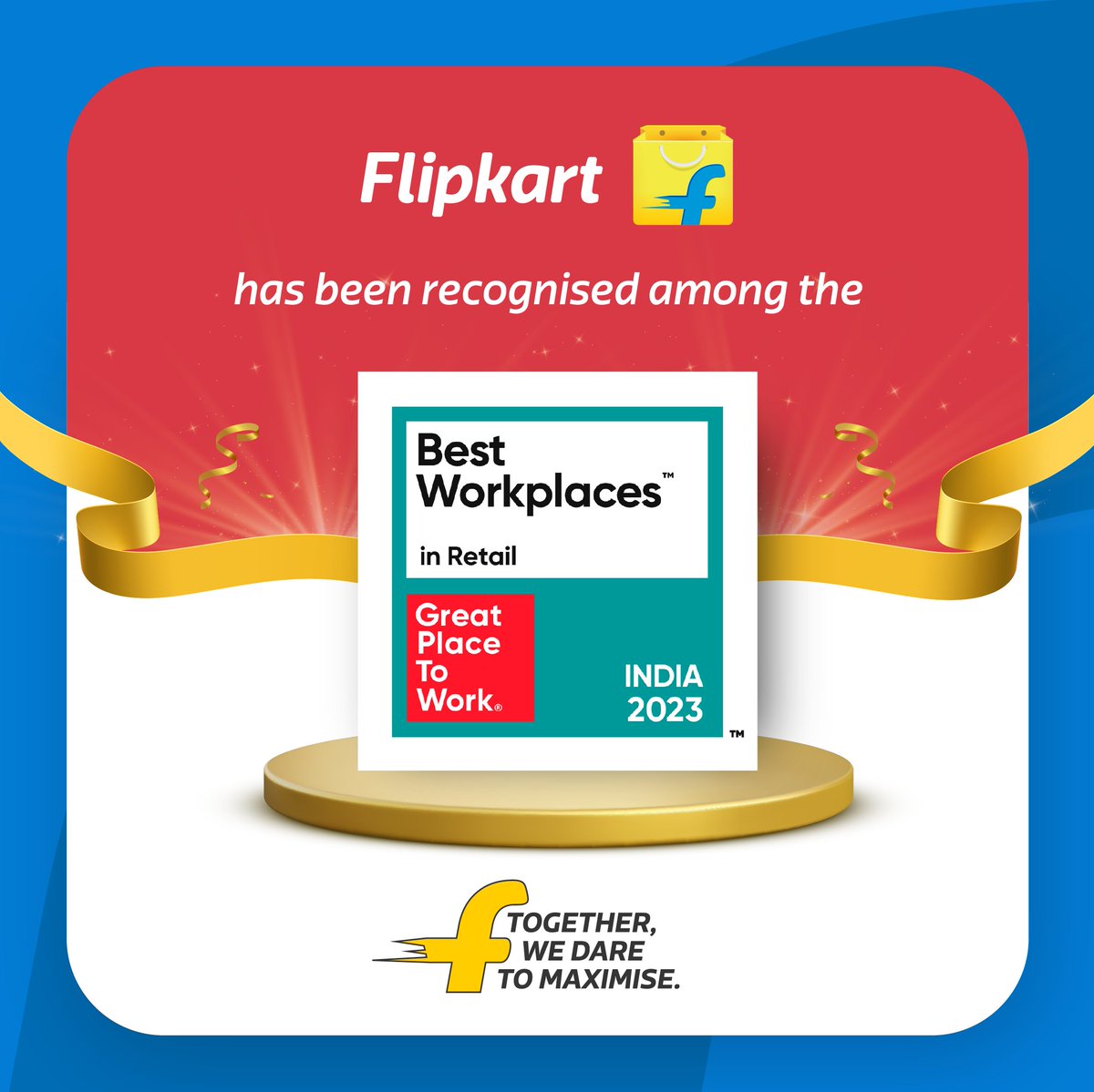 WorkAtFlipkart's tweet image. Proud to announce that Flipkart has made it to @GPTW_India&apos;s Top 3 Best Workplaces in Retail 2023 (E-Commerce Category). It&apos;s a recognition of our people-first practices and of our culture of maximisation.

#GPTW #BestInIndiaRetail2023 #BestWorkplaces #WeAreMaximisers
