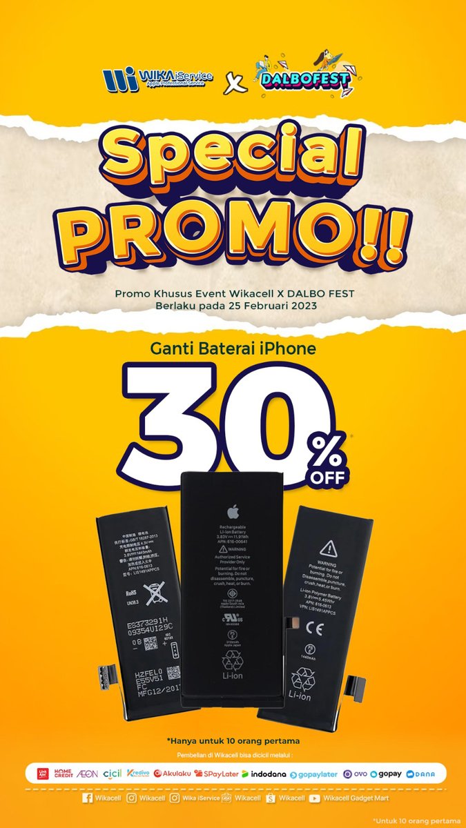GANTI BATERAI IPHONE DISKON 30%!! 
Promo Berlaku mulai 25 Februari 2023 I Berlaku hanya di Dalbo Fest 😊

<a href="/kepanjen_kita/">#WalikotaKepanjen</a> <a href="/yusufgunawan/">Yusuf Gunawan</a> <a href="/infomalang/">Info Malang</a>