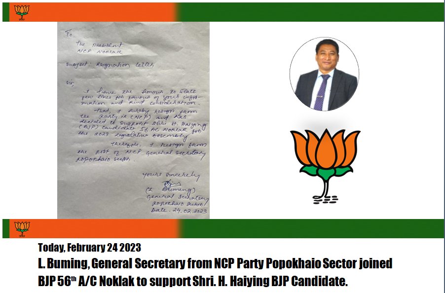 Today, February 24 2023 
L. Buming, General Secretary from NCP Party Popokhaio Sector joined BJP 56th A/C Noklak to support Shri. H. Haiying BJP Candidate.