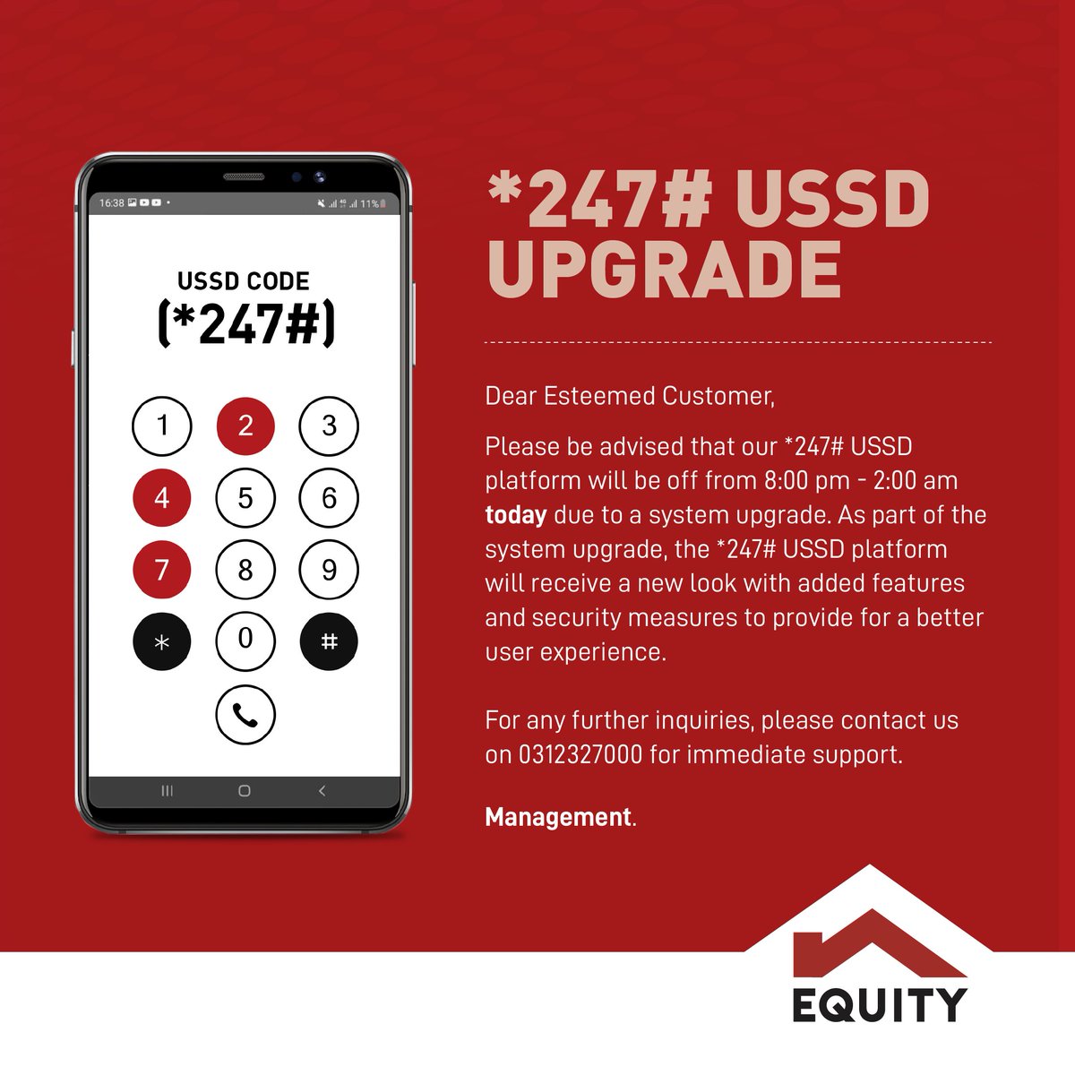 UgEquityBank's tweet photo. NOTICE: Our *247# USSD platform will be off from 8:00pm - 2:00am today due to a system upgrade.

For any support or inquiries, please reach us on 0312327000. https://t.co/ZZVTfaOFY6