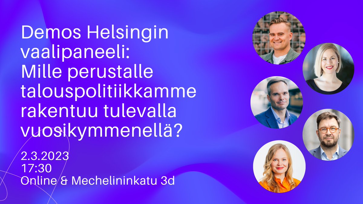 Demos Helsinki (@demoshelsinki) on Twitter photo Ymmärrämmekö aikamme isot talouspoliittiset kysymykset? Demos Helsinki kutsuu keskustelemaan 2020-luvun merkittävimmistä talouden kysymyksistä ja oletuksista, joille suomalainen talouspolitiikka perustuu.
@hsarkkinen <a href="/TimoHarakka/">Timo Harakka 🏳️🌈🇫🇮🇺🇦 💚 Äänekosken Huima</a> <a href="/KaiMykkanen/">Kai Mykkänen</a> @AtteHarjanne <a href="/KosonenHanna/">Hanna Kosonen</a> Ymmärrämmekö aikamme isot talouspoliittiset kysymykset? Demos Helsinki kutsuu keskustelemaan 2020-luvun merkittävimmistä talouden kysymyksistä ja oletuksista, joille suomalainen talouspolitiikka perustuu.
@hsarkkinen <a href="/TimoHarakka/">Timo Harakka 🏳️🌈🇫🇮🇺🇦 💚 Äänekosken Huima</a> <a href="/KaiMykkanen/">Kai Mykkänen</a> @AtteHarjanne <a href="/KosonenHanna/">Hanna Kosonen</a>