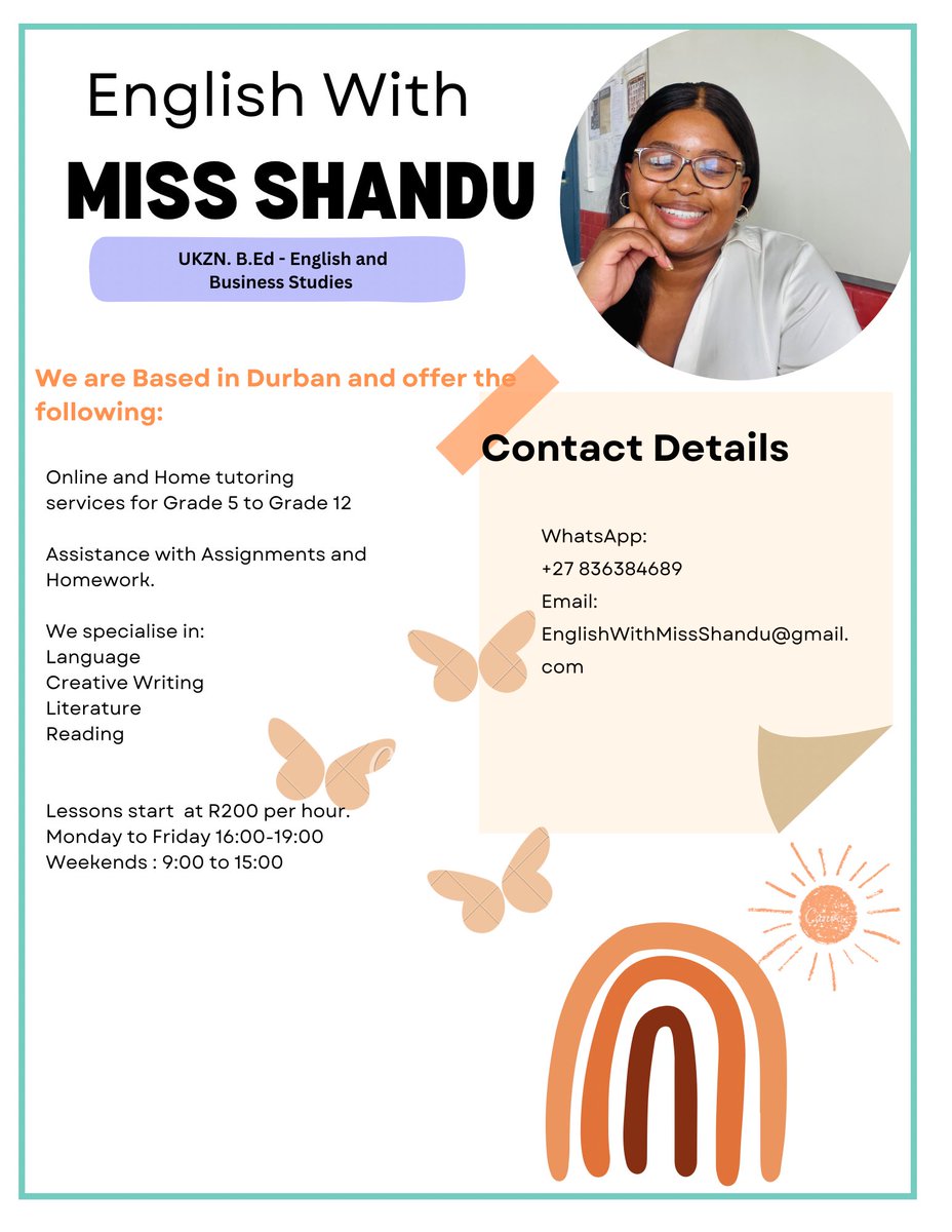 Hey fam! I offer fun and interactive Online and Home based English tutoring to both primary and high school students. My services also include Exam prep, help with assignments and anything else that a student may be struggling with.

Please spread the word far a wide!🤍🫶🏾