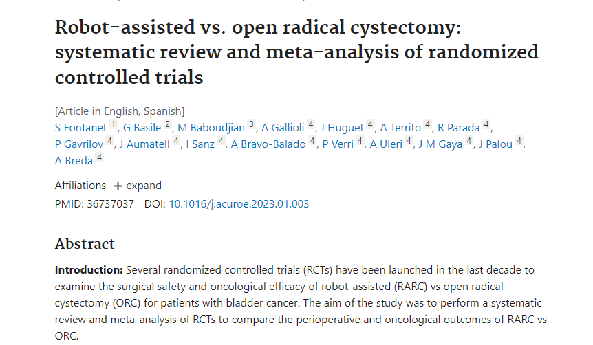 Radical #cystectomy for #bladdercancer: Open ↔️#Robot-assisted 'RARC is not inferior to ORC in terms of surgical safety and oncological outcomes. ↘️ transfusion rate and ↗️operating time is found in RARC.' Dr. @SofiaFontanet_ #PuigvertInScience 📉pubmed.ncbi.nlm.nih.gov/36737037