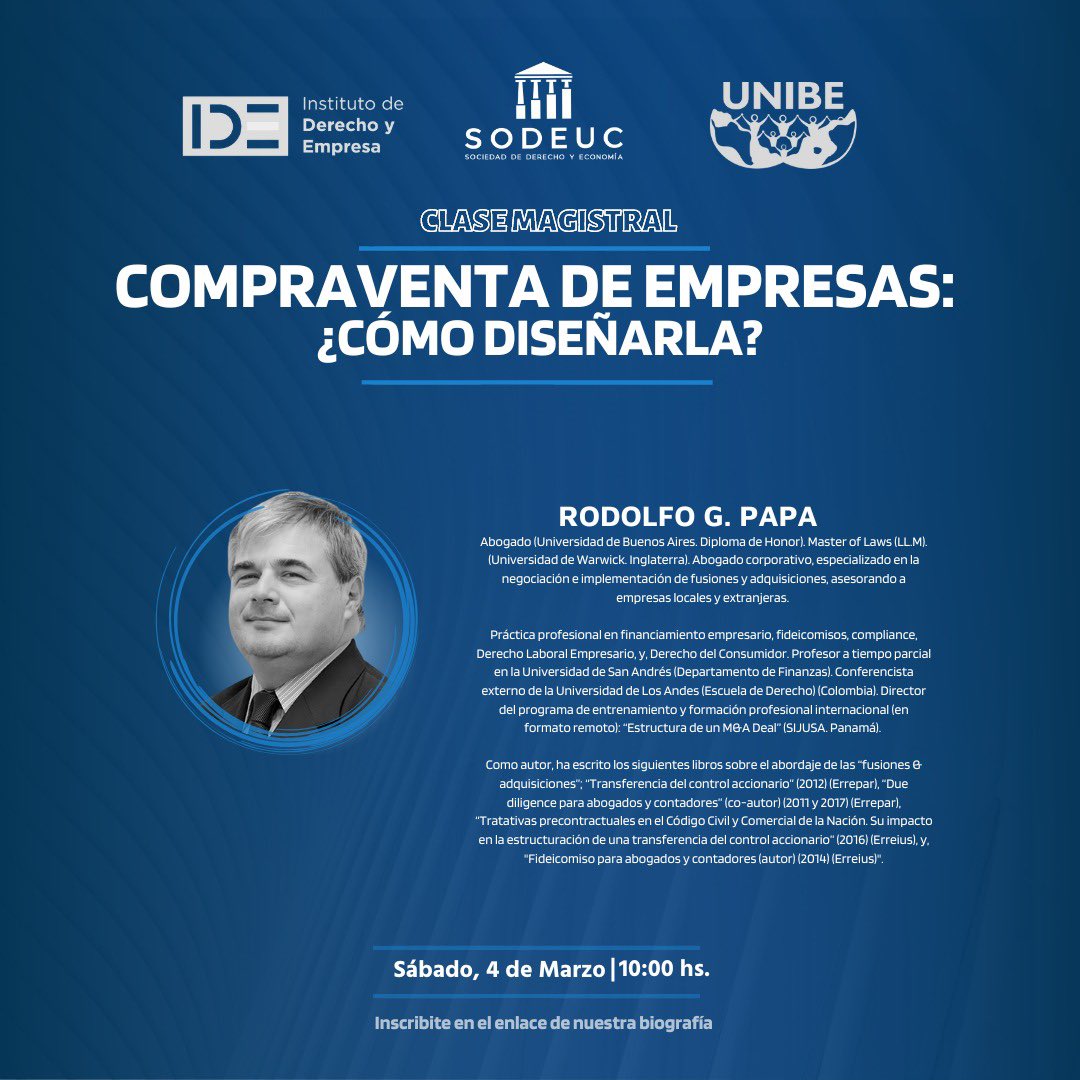 sodeuc's tweet photo. ¡Imperdible!🤩

La SODEUC, en conjunto con la UNIBE e IDE te invitan a participar de la Clase Magistral: “Compraventa de Empresas: ¿Cómo diseñarlas? " ⚖️📊

• Este sábado 4 de Marzo a las 10:00 hs.

🗣️RODOLFO G. PAPA https://t.co/zAdOmb720U