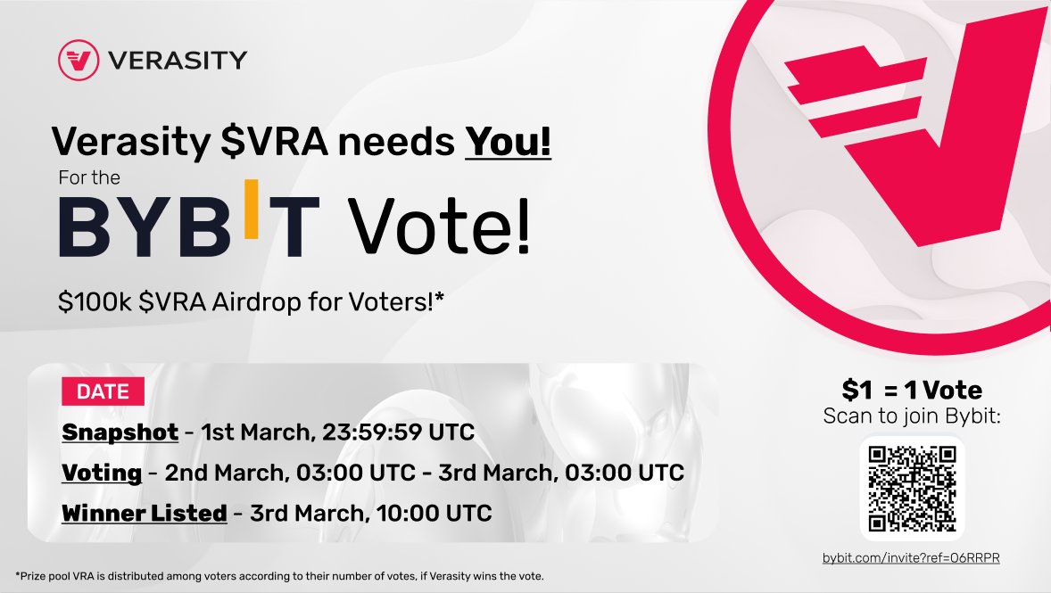 Verasity needs your vote in the <a href="/Bybit_Official/">Bybit</a> listing competition! $100k $VRA prize pool if we win! 

Here's how: 
1⃣ Create a Bybit account using the link below, 
2⃣ Pass Lvl 1 KYC,
3⃣ Deposit $100 or more stablecoin by 01/03/22 to vote! 

👉Join Bybit: bybit.com/invite?ref=O6R…