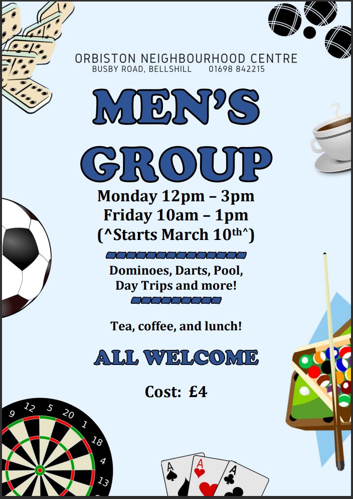 The Men's Group will be starting its Friday group up again from March 10th (10am -1pm)