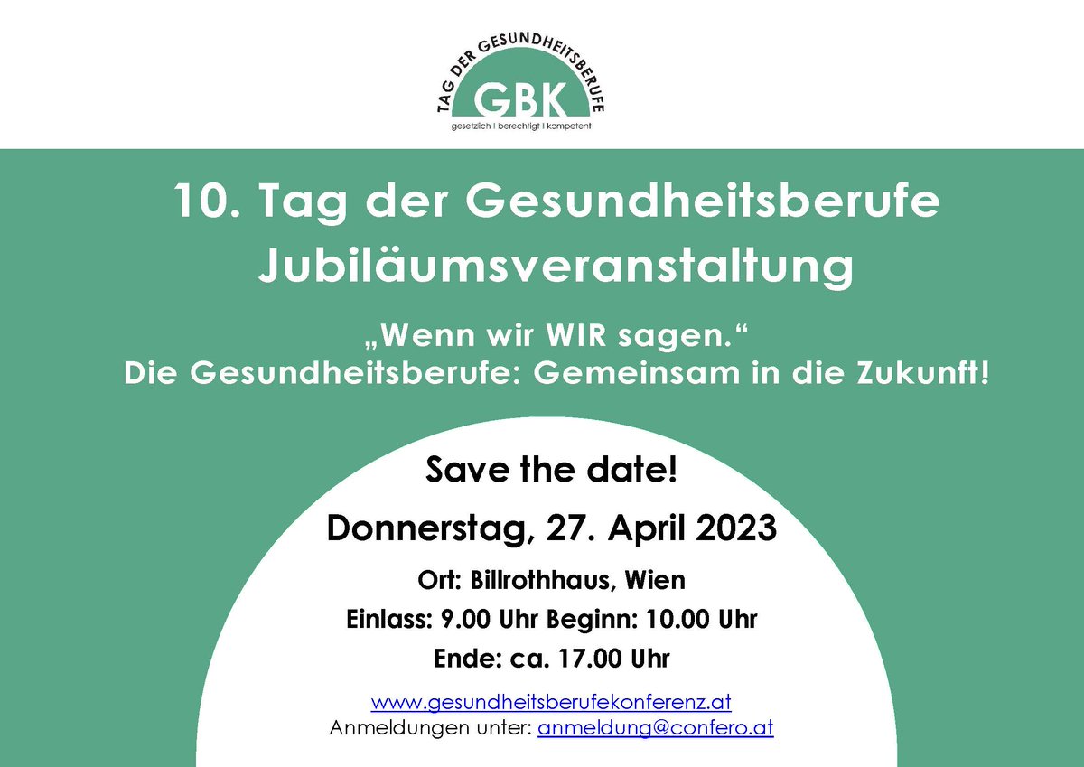 oebvp's tweet photo. Save the date! 10. Tag der Gesundheitsberufe
Am 27. April 2023 findet die Jubiläumsveranstaltung der Gesundheitsberufekonferenz statt.
Anmeldungen sind bereits jetzt möglich: anmeldung@confero.at https://t.co/tZgrAHYj0p