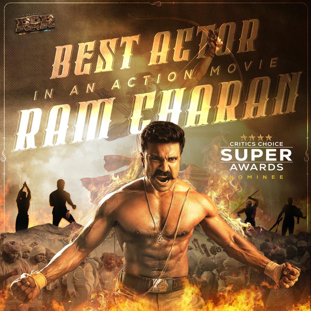 It neveRRR gets old! 🤩 'MEGA POWERSTAR' @AlwaysRamCharan gets nominated for the #CriticsChoice Awards in the BEST ACTION IN AN ACTION FILM category for #RRR 🔥 #RamCharan #ManOfMassesRamCharan #SuperAwards