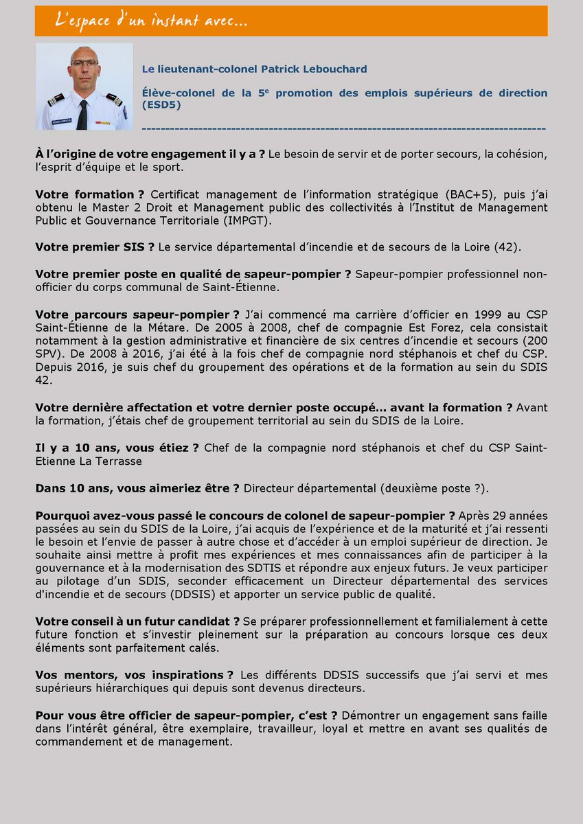 ESD_ENSOSP's tweet photo. #ColonelDeDemain Pour lui, être officier de sapeur-#pompier, c’est démontrer un #engagement sans faille dans l’intérêt général, être exemplaire, travailleur, loyal et mettre en avant ses qualités de commandement et de management 
#Entretien avec le lcl Patrick Lebouchard https://t.co/bHujO0mF12